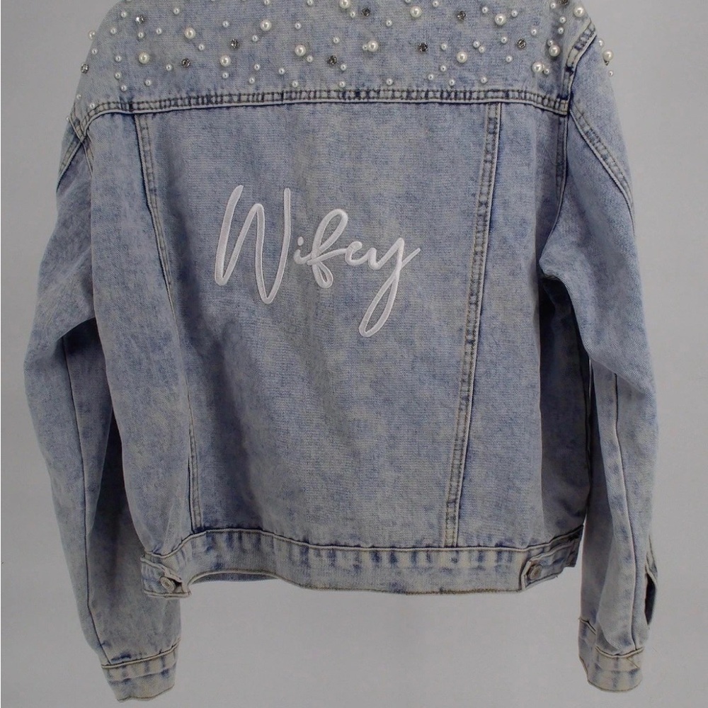 David’s Bridal Blue Jean Jacket Wifey Embroidered Pearls And Rhinestones Sz XL